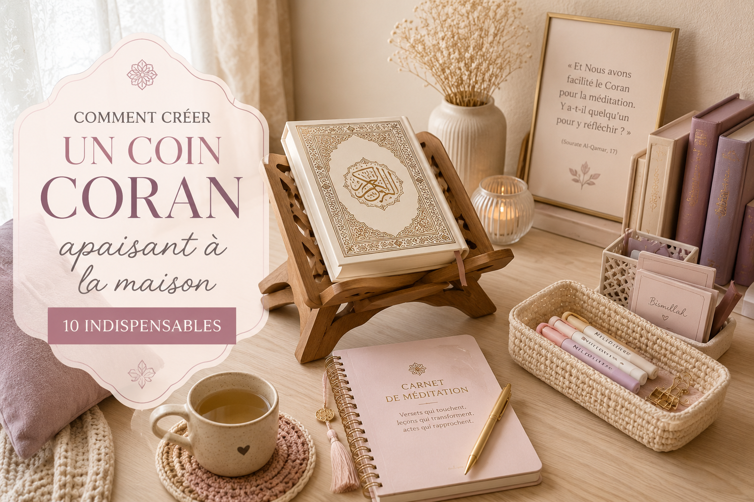 Coin Coran apaisant à la maison avec Coran, carnet et accessoires de lecture
